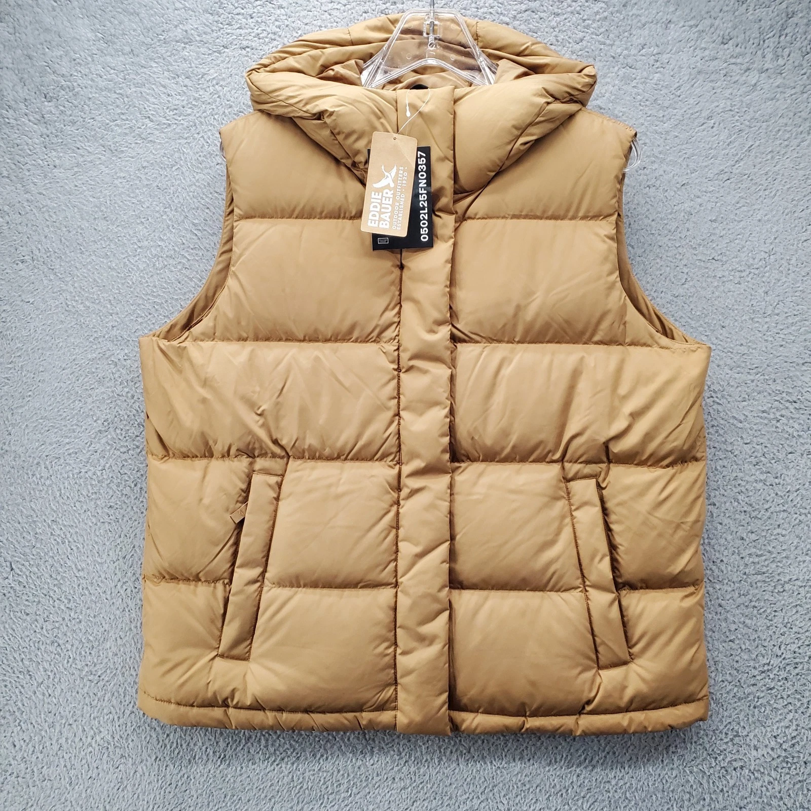 Eddie Bauer Ketchum Down Puffer Vest Womens Large Camel Tan Hooded NWT