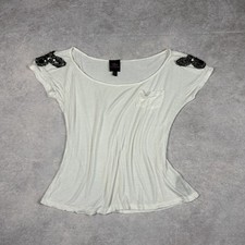 Y2K White Sheer Short Sleeve T Shirt Sequin Shoulders Womens Small Made In USA
