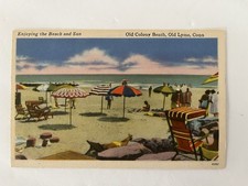 Vintage Postcard Enjoying the Beach & Sun Old Lyme CT c1930 Tichnor Bro Unposted