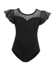 Girls Ruffle Sleeve Ballet Leotards Toddler Mesh Dance Leotard 4-5T Black