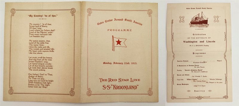 1915 antique RED STAR LINE S.S. KROONLAND Washington Lincoln birthday program