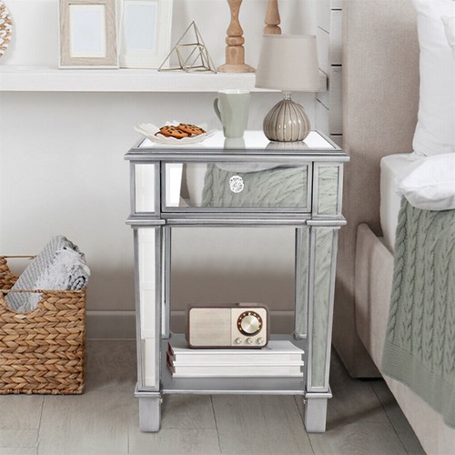 Crystal Mirrored Coffee Table End Table With Drawer Silver Modern Nightstand Dec - Picture 18 of 57