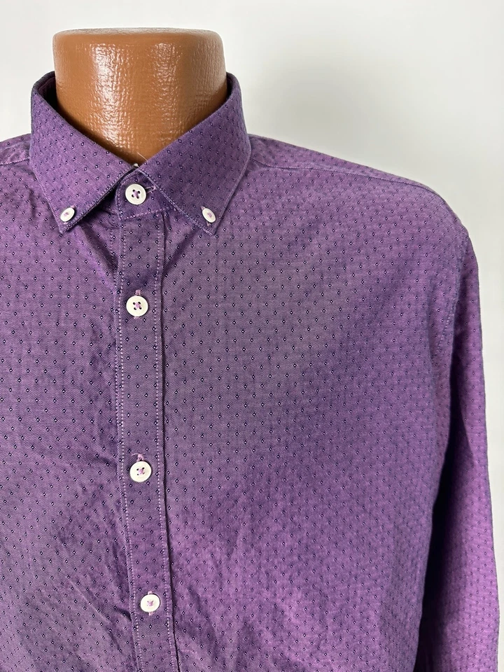 Penguin Heritage Slim Fit Dress Shirt Men 16 32-33 L Jacquard Diamonds Pink Navy - Image 3 of 4