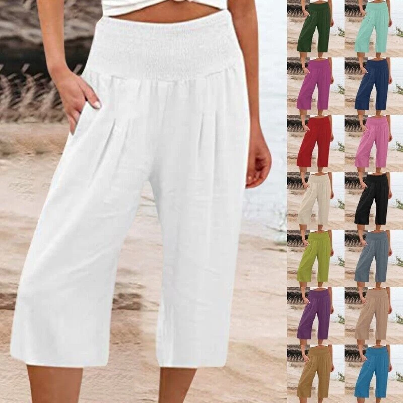 UK Womens High Waist 3/4 Length Linen Pants Ladies Solid Wide Leg Capri  Trousers