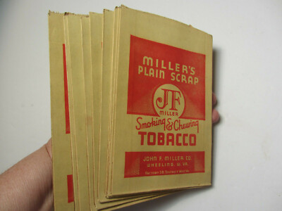 10 - Millers Plain Scrap Smoking & Chewing Tobacco Bags Wheeling West  Virgina WV