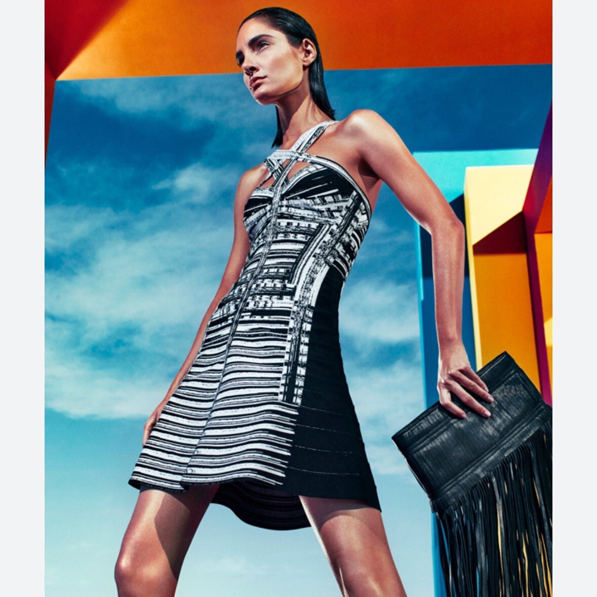 HERVE LEGER SABRINA BLACK WHITE SWEETHEART BODICE STRAPPY BANDAGE DRESS  SZ XXS