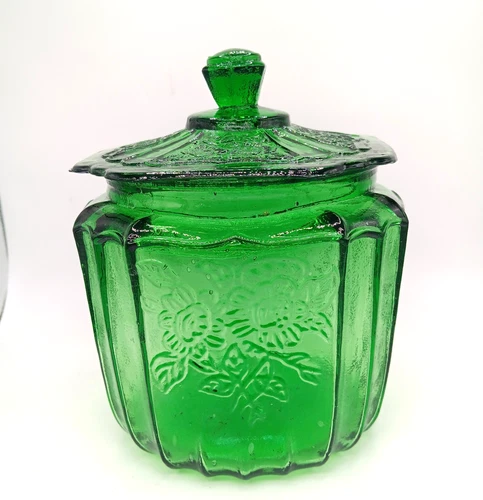 Anchor Hocking Emerald Green Cookie Biscuit Jar w Lid VTG Mayfair Open Rose