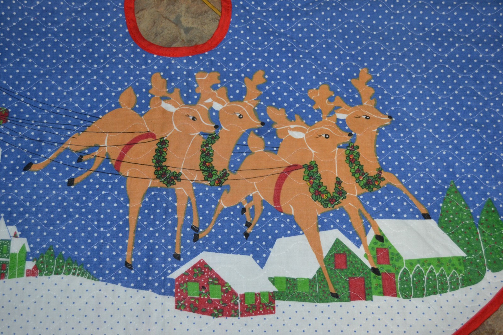 Christmas Tree Skirt Santa flying in his sleigh and Reindeer eBay