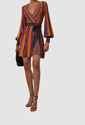 striped metallic dress Current Air Long Sleeve Twist Front Midi Dress Black/gold M