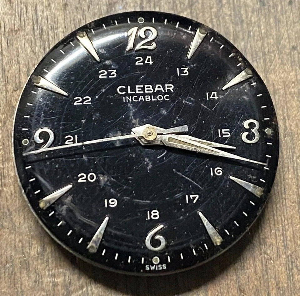1950's Clebar relógio estilo militar, mostrador 24 horas preto, 4 reparos - Imagem 3 de 4