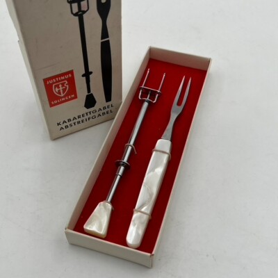 Mid Century Modern Mother Of Pearl Serving Fork Meat Cheese Justinus NOS W/ Box