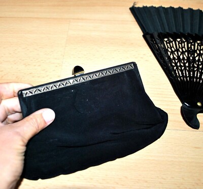 ART DECO Abendtasche Pochette Börse Satin schwarz Rand Markasit + Onyx 1910-20