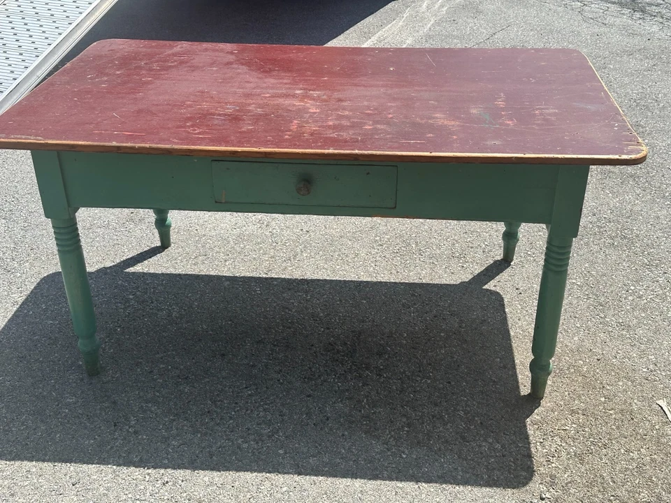 古董原始农场收获酒吧桌绿色油漆美国 19 世纪 40 年代乡村 — 第 3/4 张图片