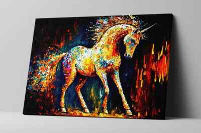 Einhorn Gemälde Tier Kinderzimmer bunt Leinwand Wandbild Deko gerahmter Druck