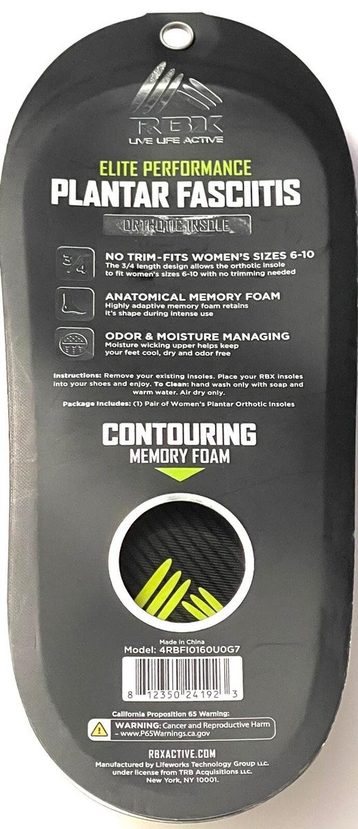 RBX Elite Performance Plantar Fasciitis Orthotic Insole women's 6-10 no trim