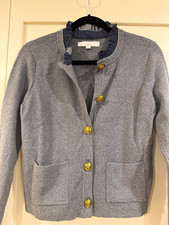 LOFT Gray Knit Cardigan Sweater Mock Neck Ruffle Button Front Pockets XS