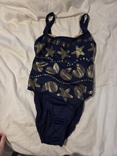 Vintage 90s Backless Swimsuit Pacific Connections Blue Gold Shells
