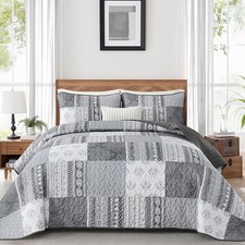 Grey Quilt Set Queen Size Boho Patchwork Bedspread Coverlet 3 Pieces, Bohemia...