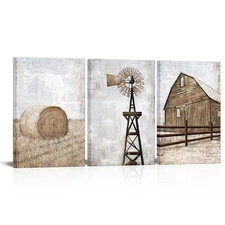 Farmhouse Wall Art Rustic Barn Windmill Cornfield Pictures Countryside Rural ...