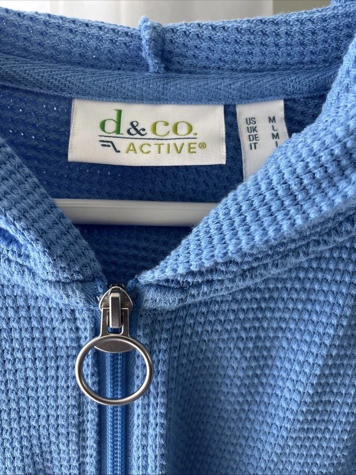 Denim & Co Active Sudadera con Capucha Cremallera Completa Damas Talla M Azul Claro Mezcla de Algodón Bolsillos Foto 2 de 4