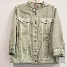 Chicos Coastal Button Up Jacket Large Linen Blend Frayed Trim Festival 20594