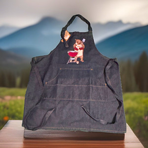 Blue Denim Bib Apron w/ Pocket, California Grillin' Bear Graphic, One Size large