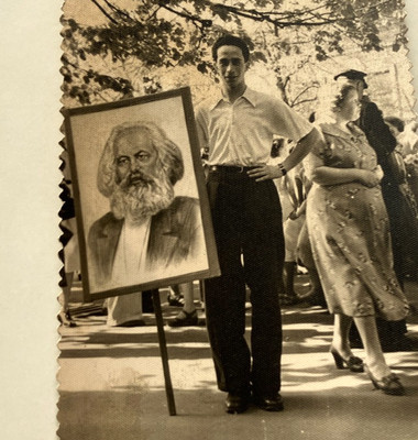 Photo 1950s Communism Man with Karl Marx at 1 May Mayday Labor Demonstration