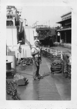 Vintage US Navy Sailor Ship Deck 1951 Photo Man Rifle Blonde Port Aircraft Guns