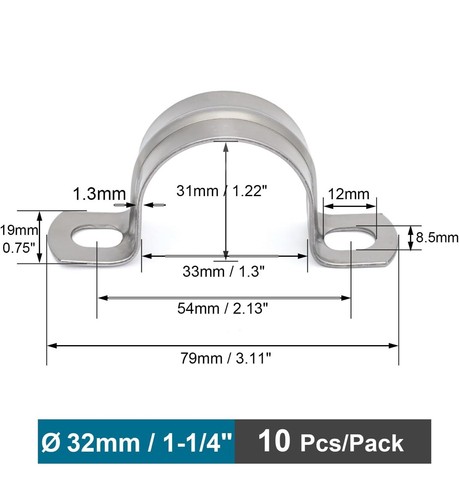 10xStainless Steel Plumbing Pipe Tube Saddle Clip Bracket U Clamp 1-1/4" Ø 32 mm - Picture 2 of 10