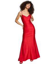 B. DARLIN Womens Satin Ruched Evening Gown Dress, red, Juniors, 3/4