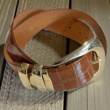Vintage Brown Croc Embossed Leather Belt Gold Tone Chic Women  s Size M/L