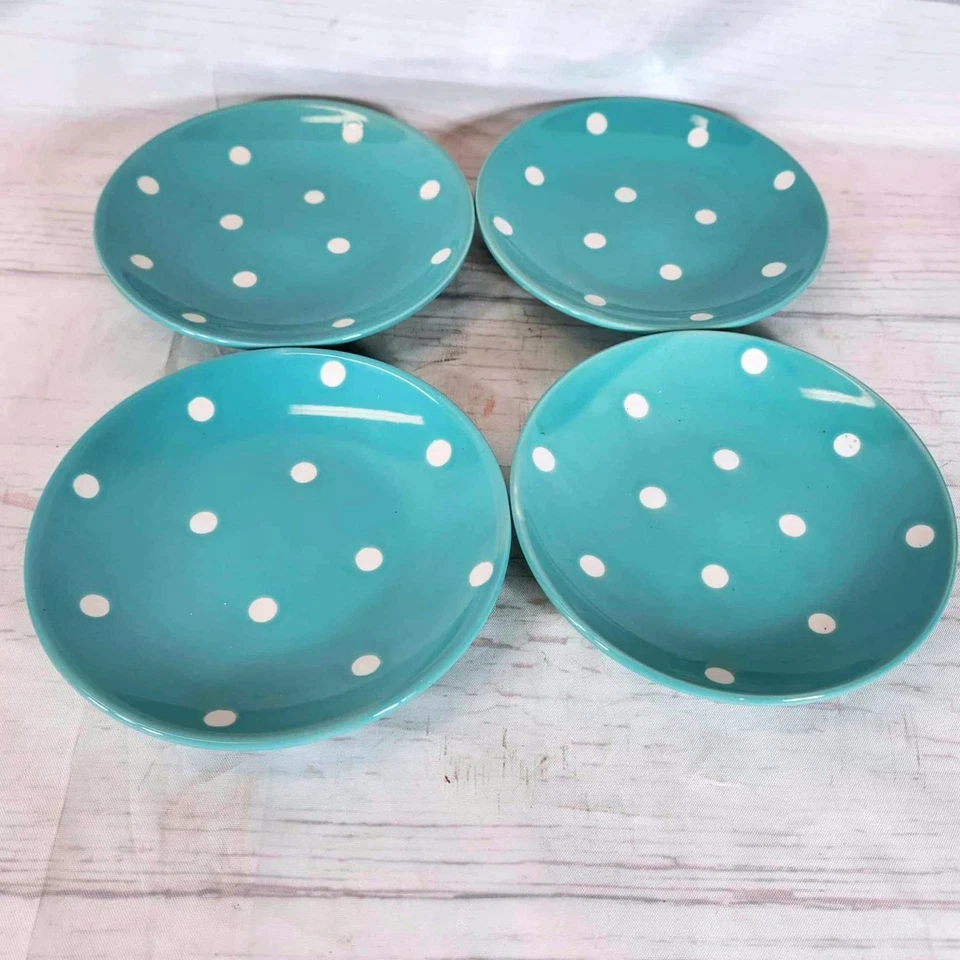 Juego de 4 platos de postre de gres turquesa a lunares exclusivos para artículos para el hogar Foto 3 de 4