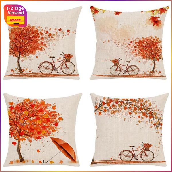 Kissenbezug 45X45 Cm 4Er Set Leinen Baum BläTter Fahrrad Dekokissen Sofa-image