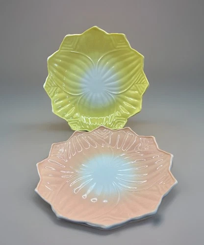 Vintage Pastel Anchor Hocking Lotus Leaf Blossom 8” Plates Set Of 2 *Glows*