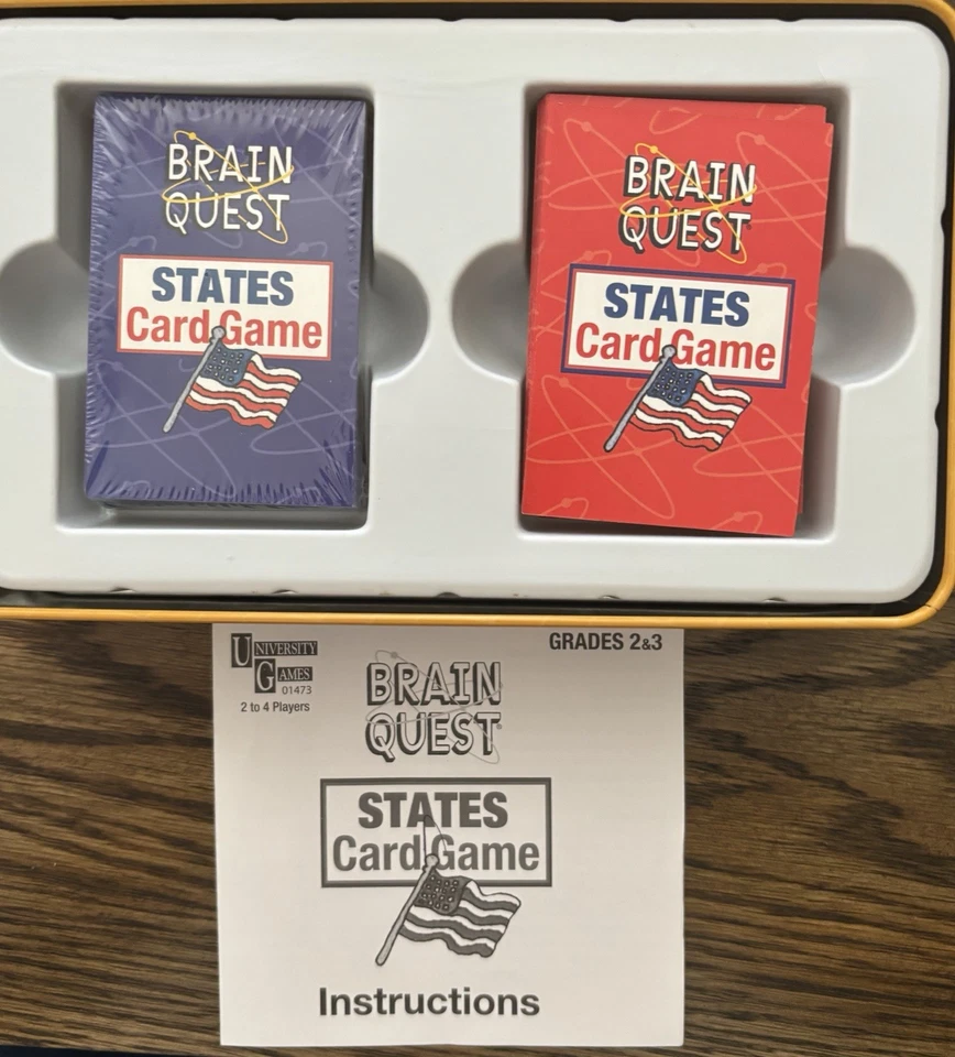 Juego de cartas Brain Quest States Trivia grados 2 y 3 con caja abierta de lata de almacenamiento Foto 3 de 3
