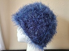 Hand knitted warm and fuzzy beanie/hat, blue heather indigo