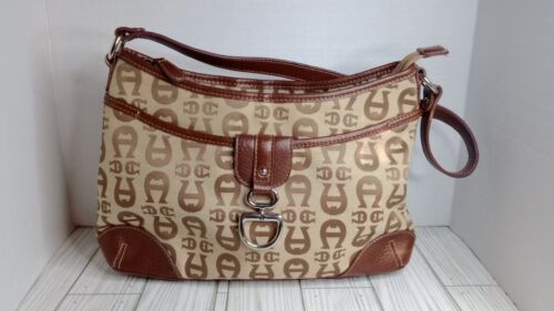 Etienne Aigner Tan Brown Logo Fabric Leather Hand… - image 1