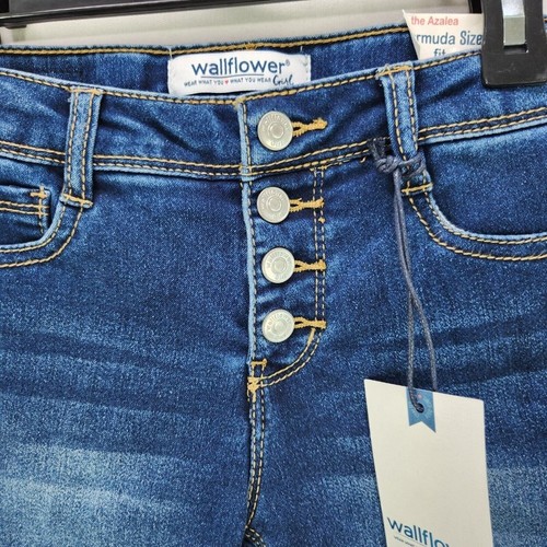 Pantalones cortos de jean Wallflower para niñas niños 8 puño enrollado azul bermudas cintura alta - Imagen 12 de 14
