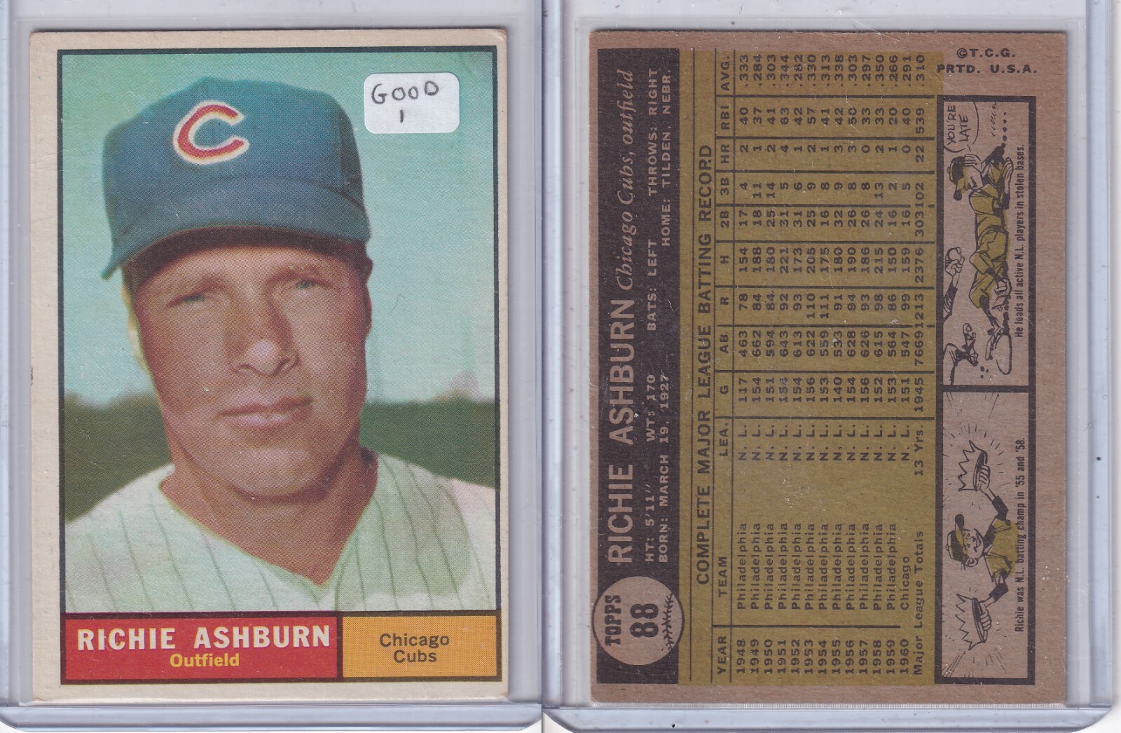 1961 Topps Richie Ashburn #88 Chicago Cubs OF Good Condition Vintage Baseball Card
