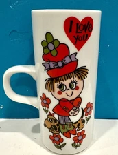 Vintage Royal Crown Arnart Smug Mugs by Kitty “I Love You”- Retro Girl & Dog