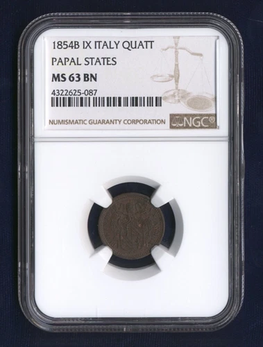 ITALY PAPAL STATES PIUS IX 1854-B  1 QUATTRINO COPPER COIN NGC CERTIFIED MS63-BN