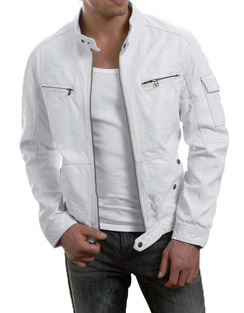 Men's Retro White Leather Biker Jacket Bomber Zip Top Motorcycle Coat-image