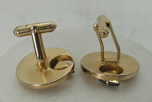 Gold Tone 1" Round Textured Dome Front Cufflink Green Tourmaline Triangle Stones - Picture 5 of 5