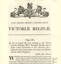 Antique Act of Parliament Exeter Countess Wear Turnpike Roads 1852 political doc