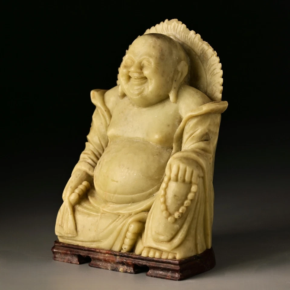 Chinese Antique Original Vintage Feng Shui Soapstone Jade Buddha Figurine Statue - Image 3 of 4