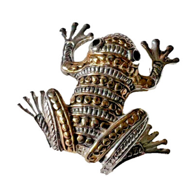 Frog Brooch Pin Gold and Silver Tone Malachite Eyes 1-1/2-in Long Loop Closure