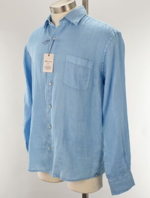 PETER MILLAR Summer Sky Blue Garment Dyed Long Sleeve Linen Shirt SMALL NWT