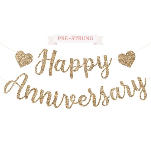 Pre-Strung Happy Anniversary Banner - NO DIY - Gold Glitter Wedding Anniversa...