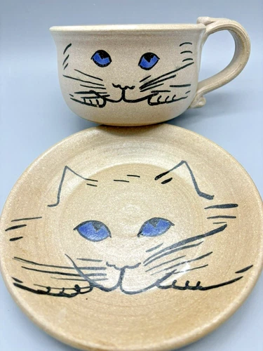 Vintage Hand Painted Cat Pottery Mug and Plate Glazed Signed 1990s Stoneware