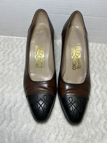 Salvatore Ferragamo Women’s Shoe Size 6B BROWN/BLACK Leather Pumps Heel Shoe - Picture 3 of 11